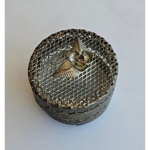 Vintage Metal Vanity Trinket Box Silver Tone Dresser Powder‎ Jar Round Rose Lid